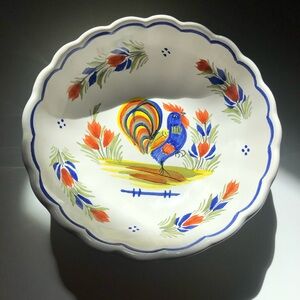 Vintage HB Henriot Quimper faience rooster bowl scalloped edge France